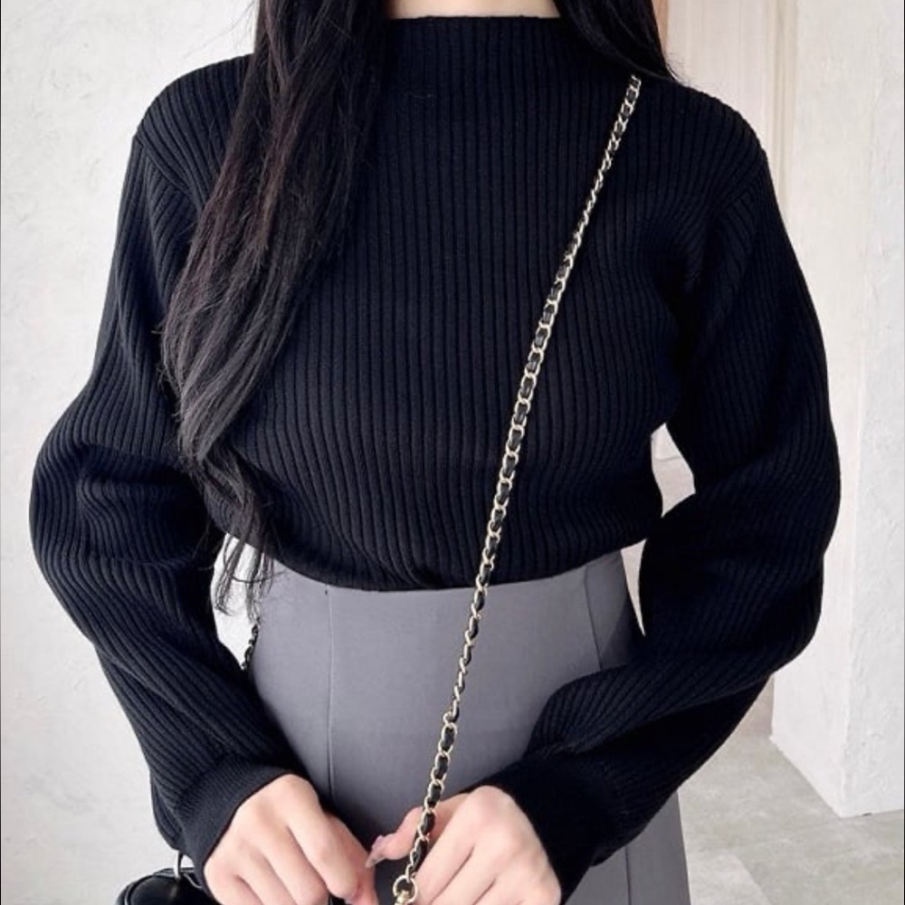 INC International Concepts Ribbed Mock Turtleneck Black Sweater Balloon Sleeve